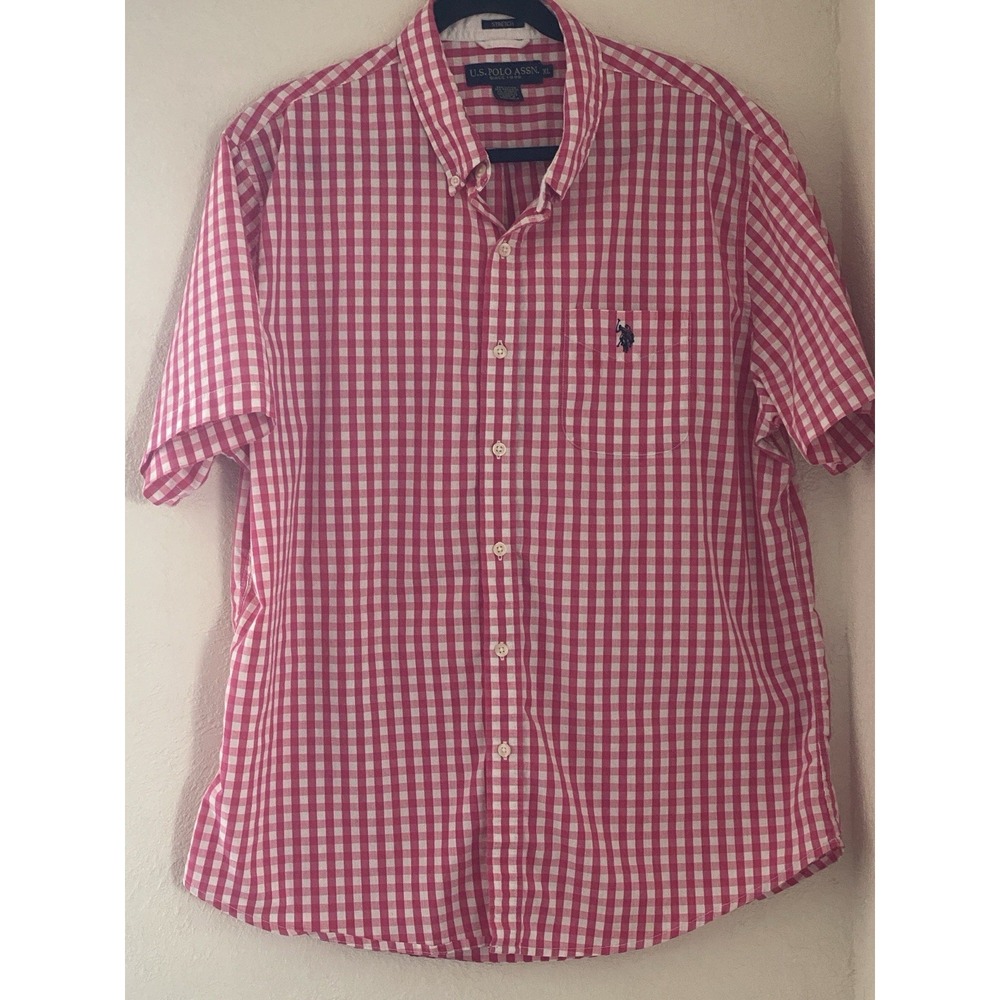 U.S. Polo Assn. Men's Pink White Check Stretch Short Sleeve Button-Down Shirt XL